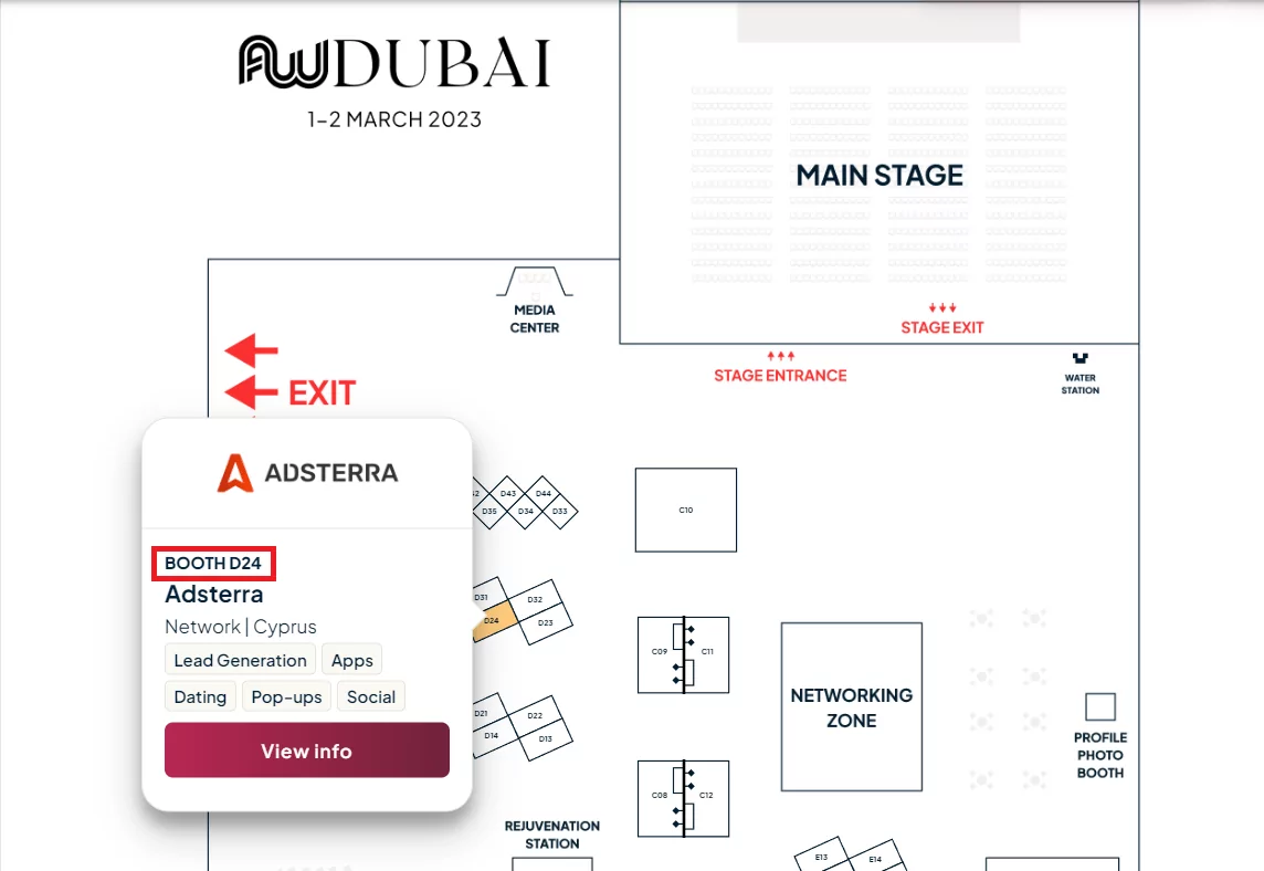 Adsterra at Affiliate World Dubai 2023, floor plan