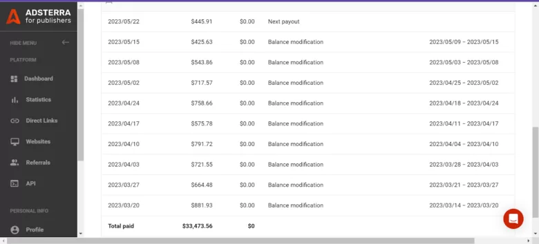 One page of payment history