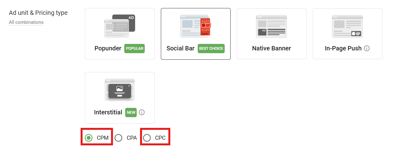 Pricing types available for CPA Goal optimization