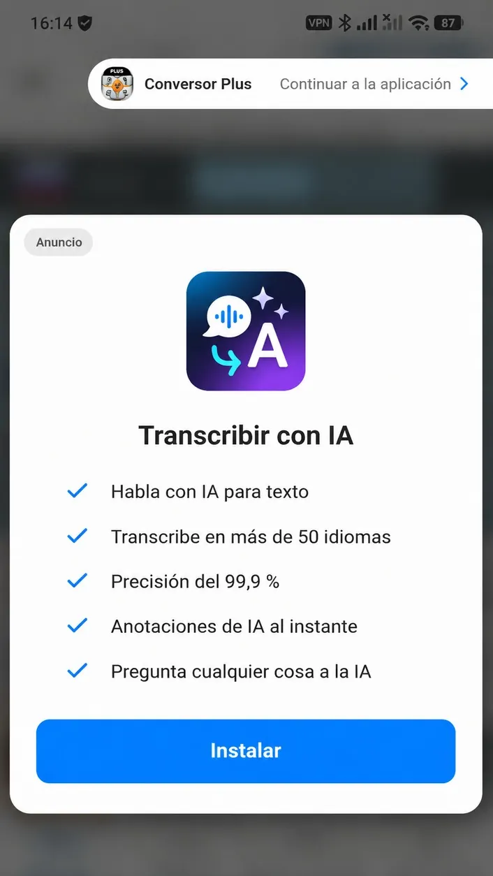 anuncio intersticial movil en la app conversor plus