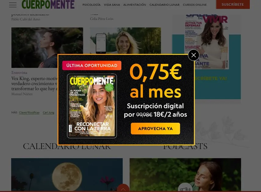 anuncio pop up en el sitio web cuerpomente